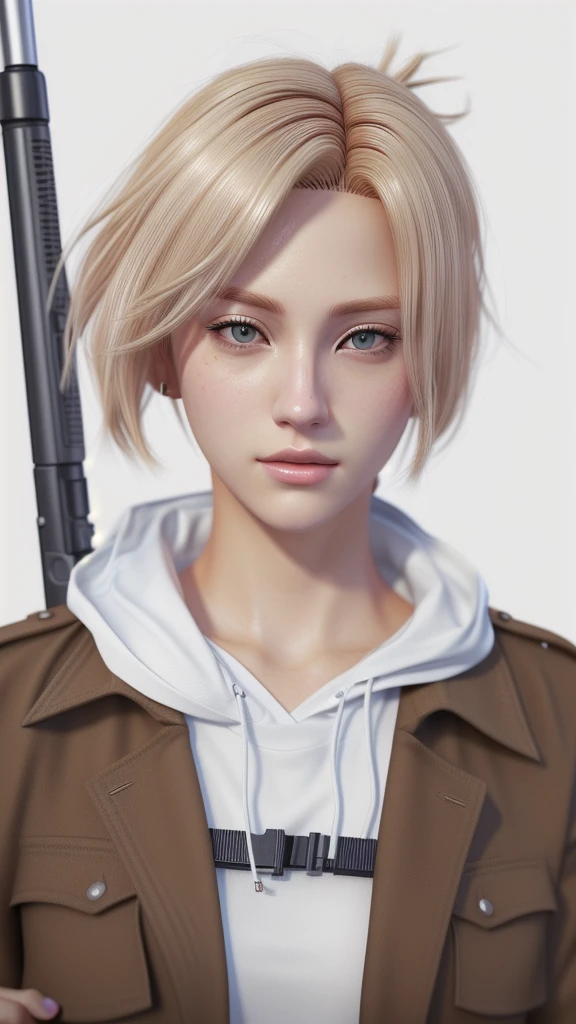 With a gun、Blonde woman in a white shirt and brown jacket, looking like Annie Leonhart, Annie Leonhart, artwork in the style of Gwaiz, ig model | ArtJam, Realistic Anime 3D Style, Short Hair, Shin Jinyoung, Trending on cgstation, Gwaiz, Blackpink's Joshi portrait, Ultra realistic anime, Cai Xukun
