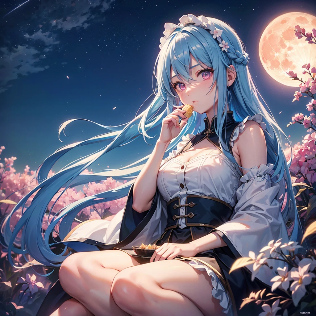 Sky blue hair, (1 braided hair), (Pink eyes),Fair skin) ,(whole body),(One Girl),harvest moon,A large amount of Miscanthus sinensis in the background,(full moon),(masterpiece, Highest quality, Very detailed, Best Shadow), (Detailed Background), (Beautifully detailed face), High Contrast, (Best lighting, Very delicate and beautiful), ((Cinematic Light)), Hyper Detail,8k, Dramatic Light, Intricate details,Sitting and eating rice dumplings