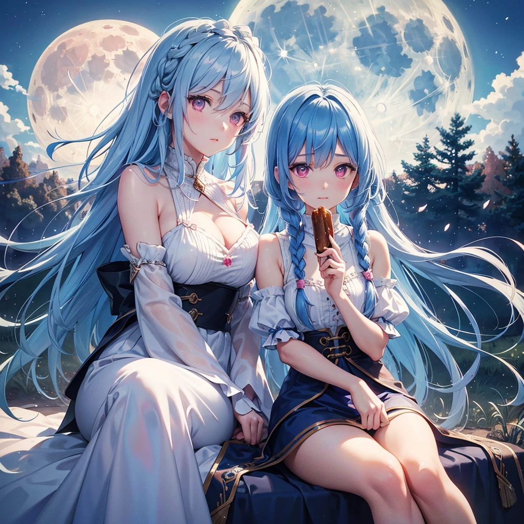 Sky blue hair, (1 braided hair), (Pink eyes),Fair skin)  ,(whole body),(One Girl),harvest moon,A large amount of Miscanthus sinensis in the background,(full moon),(masterpiece, Highest quality, Very detailed, Best Shadow), (Detailed Background), (Beautifully detailed face), High Contrast, (Best lighting, Very delicate and beautiful), ((Cinematic Light)), Hyper Detail,8k, Dramatic Light, Intricate details,Sitting and eating rice dumplings