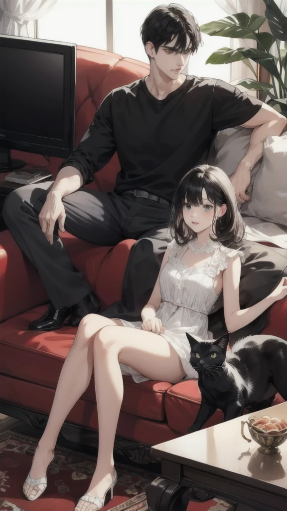 Young caucasian guy and young caucasian girl sitting on a sofa in an apartment watching TV with several cats.,black hair, Black Cat,White cat