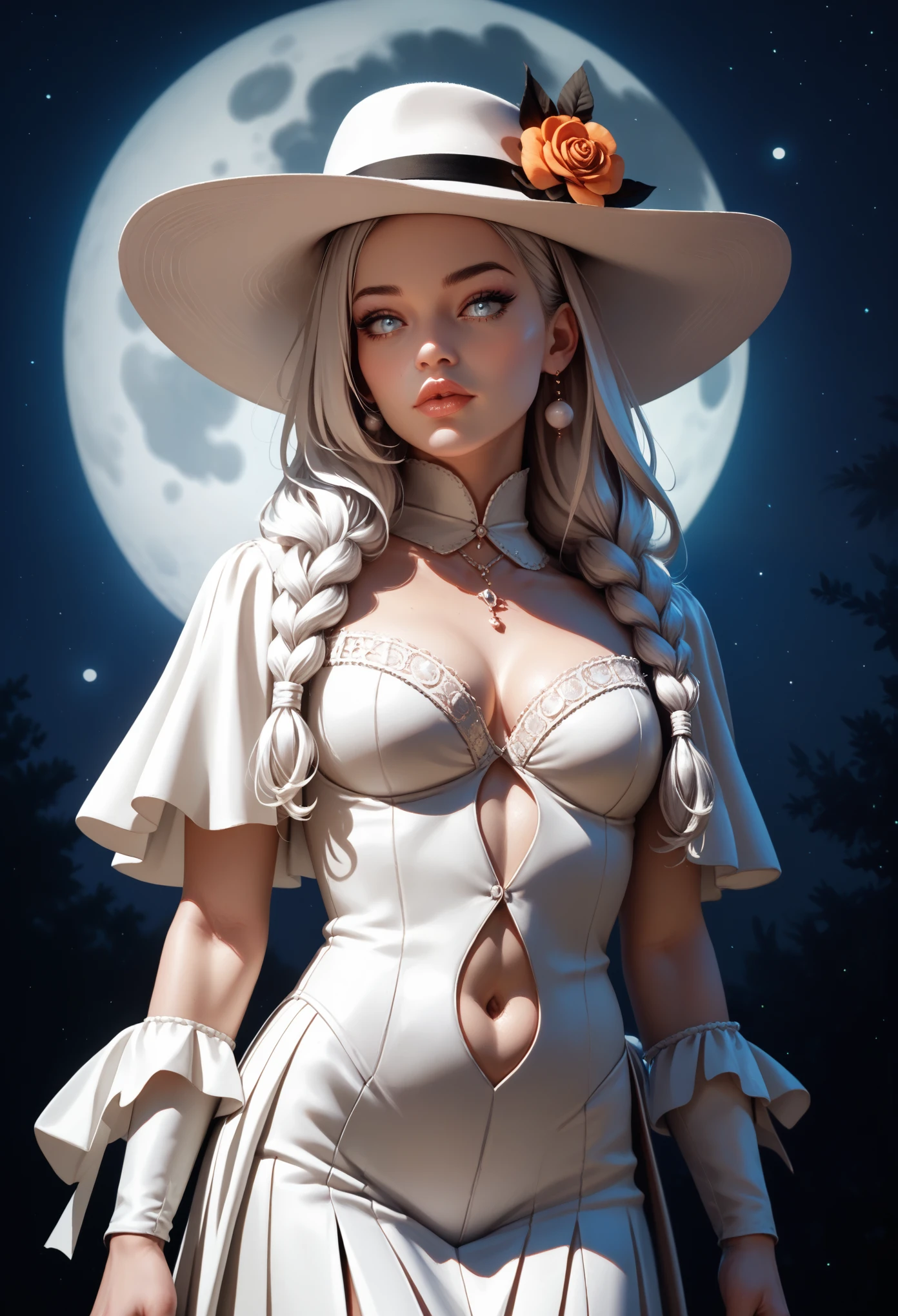 masterpiece, top quality, One focus, (perfect face:1.1), (high detail:1.1),dramatic, 1 guy, (pale skin), long voluminous braided white hair, white eyes, One, long hair, moon, night, white luxury suit, White Fedora Hat, Coated navel, Plump lips, Coated, Jazz Club, detailed background, Art by Artgerm and Greg Rutkowski, Gothic Renaissance, cinematic lighting,