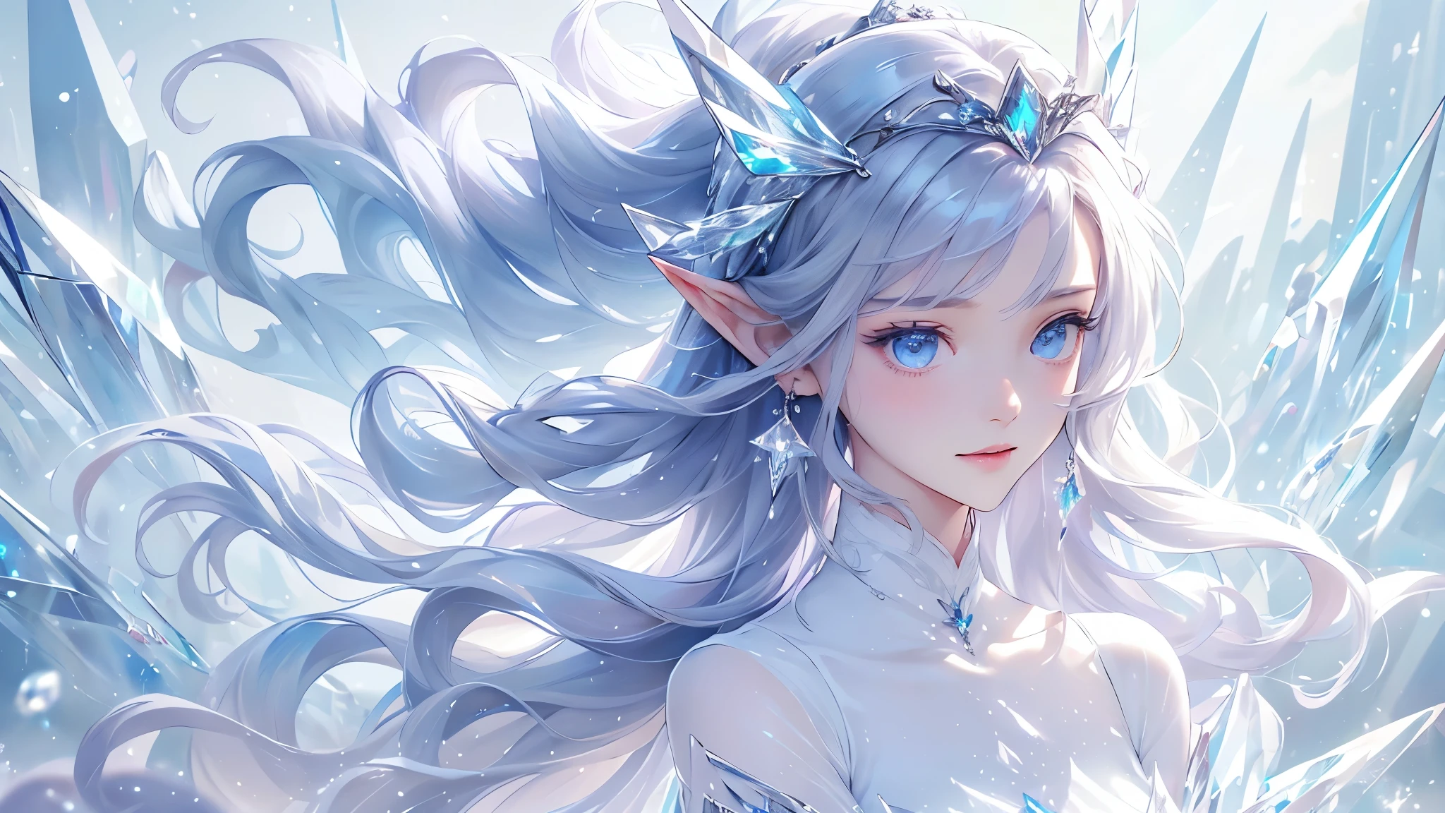 (masterpiece、Highest品質、Highest、Official Art、beautifully、aesthetic、exposed for a long time:1.2)、Smooth movement、Attractive patterns、One Girl、(Long dress with sleeves:1.3)、(((White clothes)))、Upper Body close-up、Expose your shoulders、Korean Girls、smile、Light purple long hair、Portraiture、alone、Upper Body、Looking at the observer、Detailed Background、Detailed face、(Crystallized AI、Crystal Theme:1.1)、Elemental Wind Elf、回転Wind、 Wind、White crystal clothes、Dynamic pose、Suspended particles、Aether Dynamics、旋Wind、vapor、背景に旋Wind、White Tone、旋Wind、Ethereal atmosphere、
