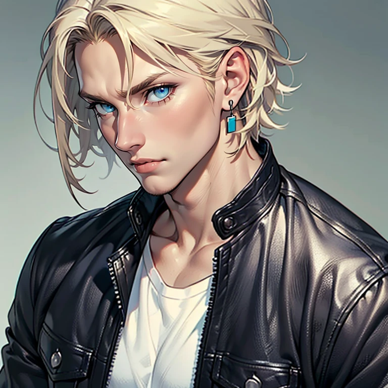 ((masterpiece)), (((best quality))), solo, 1 male, pale white skin, light blonde hair, medium hair, straight hair, handsome man, blue eyes, simple earrings, tight white t-shirt, black leather jacket, tight jeans, detailed face, highest quality, highly detailed, original, high resolution CG Unit 8k wallpaper, (best quality, artwork, masterpiece, 4k)