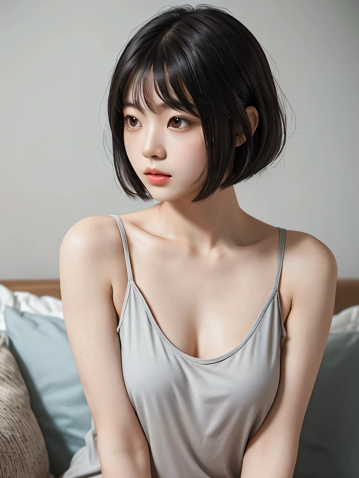 A realistic photo of a beautiful young Japanese woman with a short bob haircut and soft bangs framing her face. She has a delicate and smooth complexion, with expressive eyes and slightly parted lips. She is wearing a loose-fitting grey tank top that accentuates her slender shoulders and collarbone. The background is a minimalistic bedroom with white bedding, creating a serene and intimate atmosphere. The focus is primarily on her face and hairstyle, capturing her natural beauty and gentle expression.