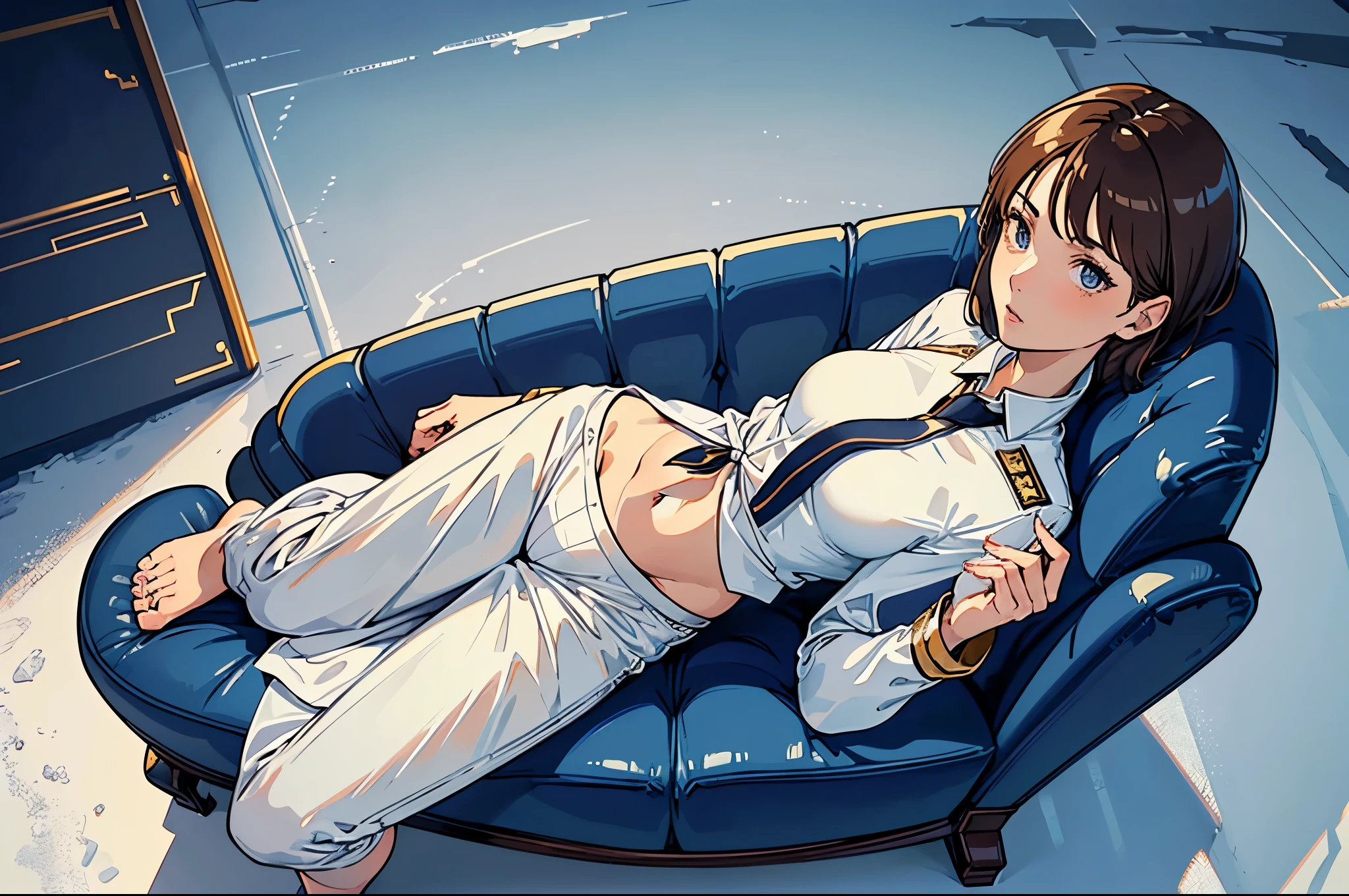 masterpiece,(Perfect Anatomy:1.5), highest quality, a lady , slender, leggy, Seductive, short hair, brown hair, (wear a white long sleeved shirt, tie, navy officer winter uniform:1.5), white bikini panties , barefoot, Perfect hands, Perfect body, reclining, lying on a sofa, leg up , looking away, ((Exquisite detail)), Very finely crafted fingers(((10 fingers))), (full body showcase), (Show your whole body), (no background), (No logo) , high resolution, parted lips,  belly button