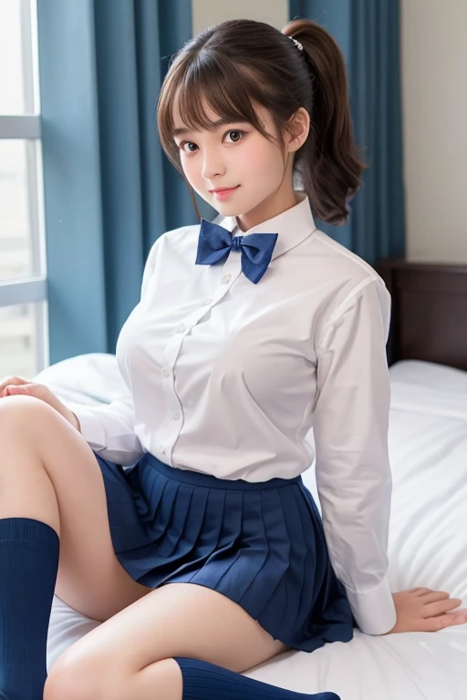 Real、Highest quality、cute、girl、high school student、ponytail、Brown Hair、Beautiful eyes、Beautiful Lips、Navy blue pleated skirt、White shirt、A bow tie、Navy blue socks、Slightly larger breasts、On the bed in the room、Sitting with legs together