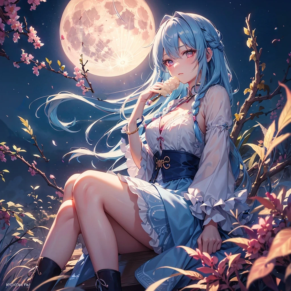 Sky blue hair, (1 braided hair), (Pink eyes),Fair skin)  ,(whole body),(One Girl),harvest moon,A large amount of Miscanthus sinensis in the background,(full moon),(masterpiece, Highest quality, Very detailed, Best Shadow), (Detailed Background), (Beautifully detailed face), High Contrast, (Best lighting, Very delicate and beautiful), ((Cinematic Light)), Hyper Detail,8k, Dramatic Light, Intricate details,Sitting and eating rice dumplings