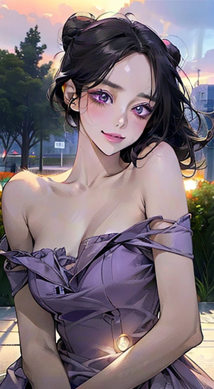 work of art, best qualityer, realisitic, mature woman, cute, 25 years old, cloused mouth, portraite, extreme detailed face, soft smiling, (dark purple eyes), ((with single black hair bun), ((hair with front bangs)), [tthin eyebrows], ((light purple dress)), no-makeup, drlight smile, ear flush, light blush, short eyelashes, 4K,open air