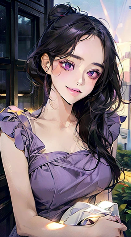 work of art, best qualityer, realisitic, mature woman, cute, 25 years old, cloused mouth, portraite, extreme detailed face, soft smiling, (dark purple eyes), ((with single black hair bun), ((hair with front bangs)), [tthin eyebrows], ((light purple dress)), no-makeup, drlight smile, ear flush, light blush, short eyelashes, 4K,open air