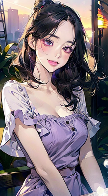 work of art, best qualityer, realisitic, mature woman, cute, 25 years old, cloused mouth, portraite, extreme detailed face, soft smiling, (dark purple eyes), ((with single black hair bun), ((hair with front bangs)), [tthin eyebrows], ((light purple dress)), no-makeup, drlight smile, ear flush, light blush, short eyelashes, 4K,open air