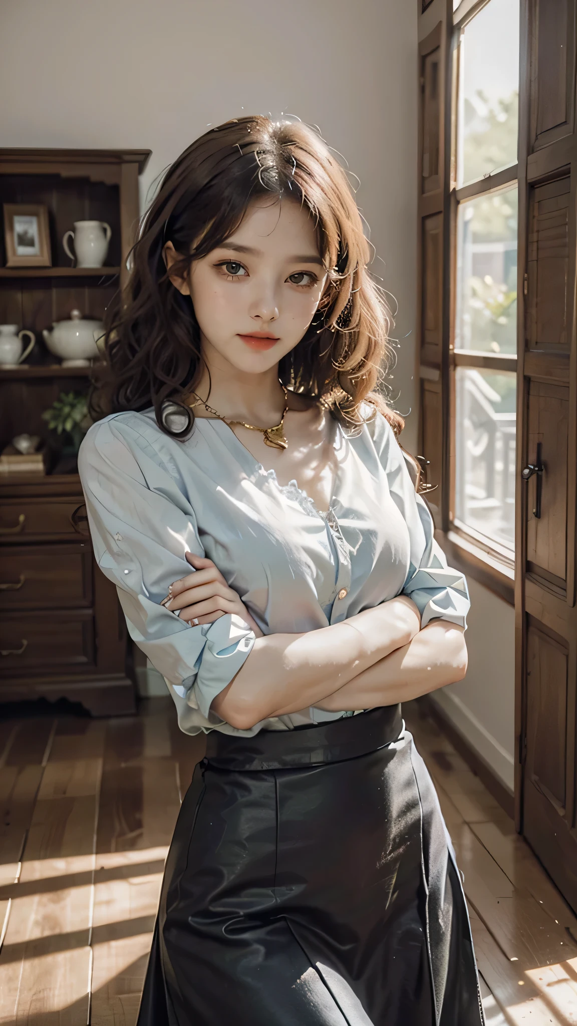 detailed background, masterpiece, best quality, 1 person , curly hair, long hair, purple eyes, star in eye ,small breast lime green blouse, long skirt, looking at viewer, wooden furniture behind, indoor,y poses,gold jewellery