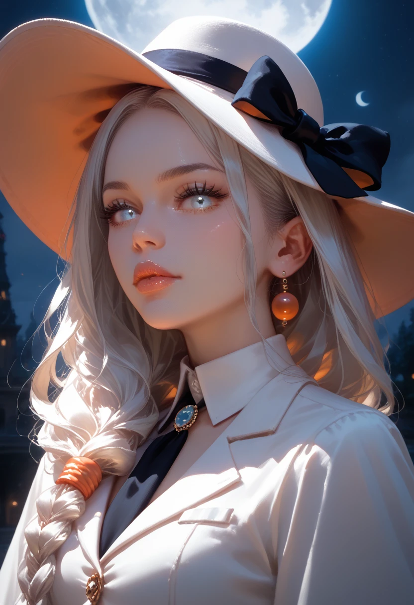 masterpiece, top quality, One focus, (perfect face:1.1), (high detail:1.1),dramatic, 1 girl (pale skin), long voluminous braided white hair, white eyes, One, long hair, moon, night, white luxury suit, White Fedora Hat, Coated navel, Plump lips, Coated, Jazz Club, detailed background, Art by Artgerm and Greg Rutkowski, Gothic Renaissance, cinematic lighting,Shine