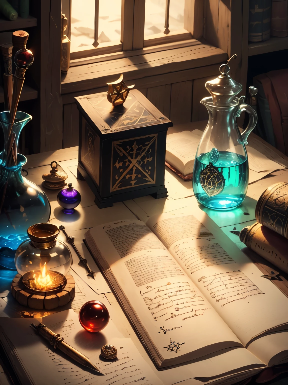 a medieval table, full of magical paraphernalia, potions, magical scrolls, runes, magical symbols