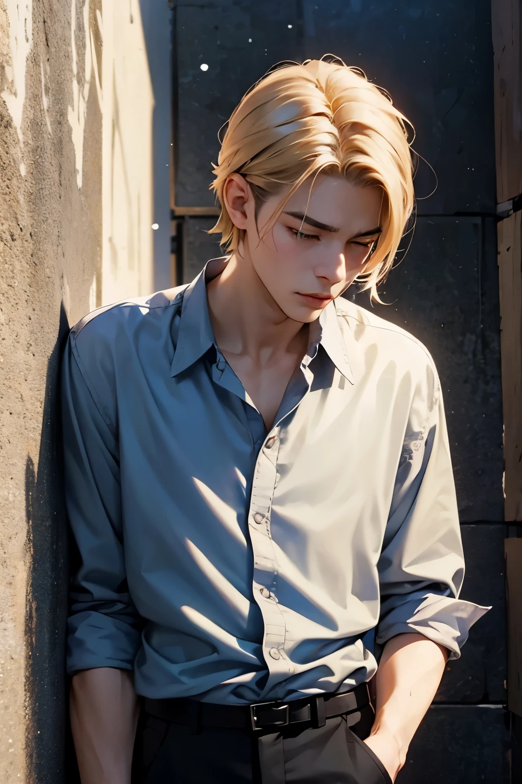 A man who looks like a Japanese rock singer, wearing a black shirt and pants and leaning against a wall. Cool, handsome, good-looking man, short-haired blonde man, young and cool, good-looking man, cool rock singer, androgynous male rock singer, androgynous man, androgynous with well-defined facial features, a man who looks like he could be in an anime, realistic anime, hyper realistic