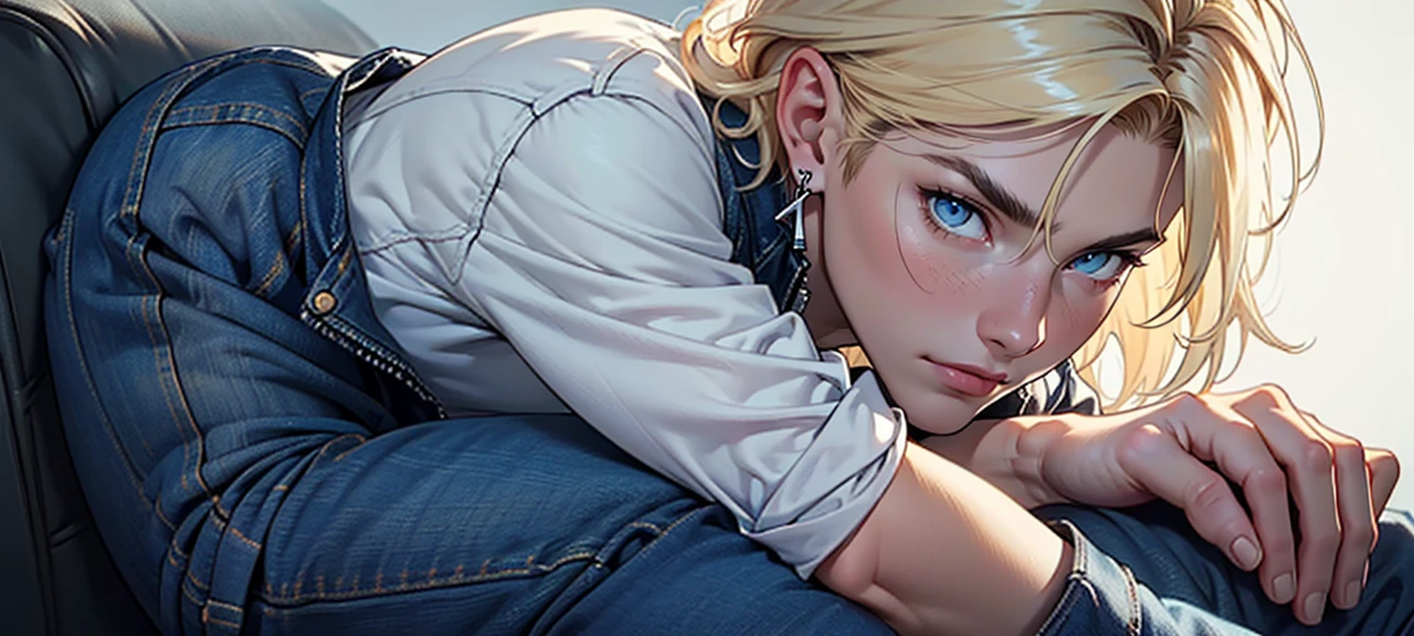 ((masterpiece)), (((best quality))), solo, 1 male, pale white skin, light blonde hair, medium hair, straight hair, handsome man, blue eyes, simple earrings, tight white t-shirt, black leather jacket, tight jeans, detailed face, highest quality, highly detailed, original, high resolution CG Unit 8k wallpaper, (best quality, artwork, masterpiece, 4k)