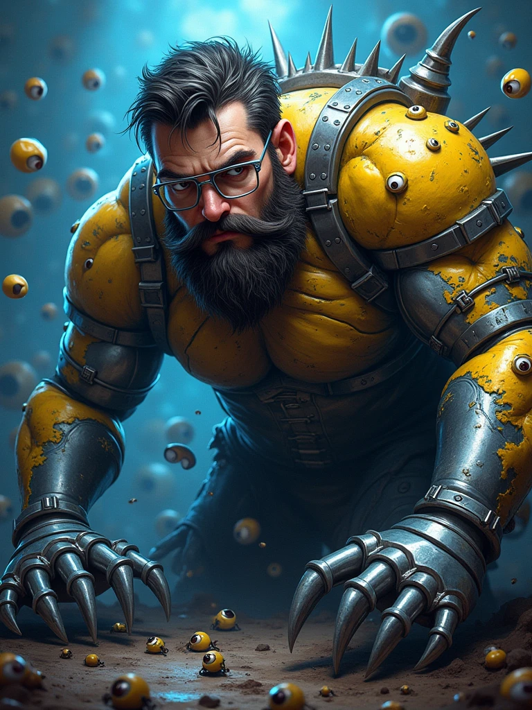 a painting of a man with glasses and a beard, minions background, metal skin, style of titmouse animation, sharp metal claws, ultra detailed color art, characters merged, logan, minion with many many many eyes, striking artstyle, blue and gold color scheme, my computer icon, art »