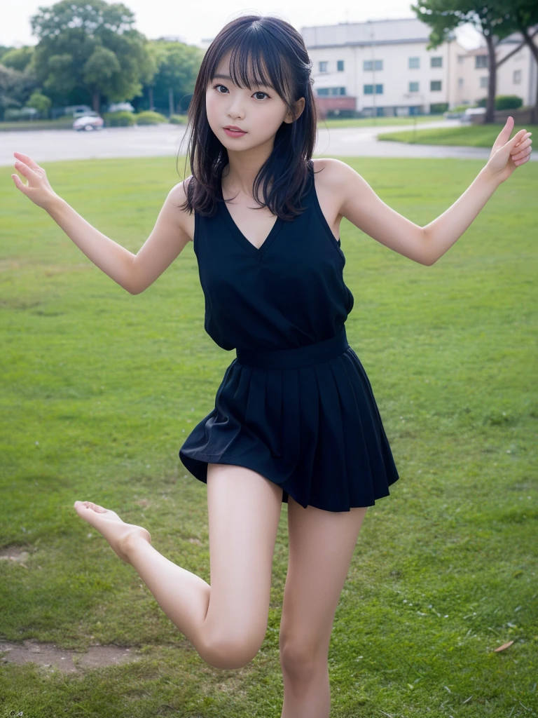 (masterpiece, Highest quality:1.4), Award-winning portraits, 8k, 85mm, alone, Beautiful Face, Delicate girl,  (On the grass), Sophisticated, cute, 15 years old, RAW Photos, Confused, High resolution, Sharp focus, Background Blur、(((flat  、thin and delicate body、Childish atmosphere)))、Glossy short bob、Mole on the left cheek、 Dark blue eyes、the skirt is swaying in the wind、Hair swaying in the wind、sexy、flexible legs、naked、Angle shot from the ground