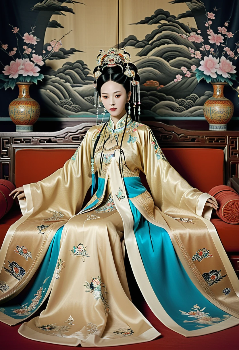 Gorgeous Empress of the Chinese Court during the Qing Dynasty Gorgeous Empress of the Chinese Court on a sofa, nude, large and golden, with her legs on the sofa, wide open, knees bent, in an M pose (pornographic pose), with her hair tied on both sides The background of this perverted and erotic woman wearing a crown and tying her hair is the Chinese court of the Qing Dynasty. The scene is set in the luxurious room of an empress in the Qing Dynasty Chinese court.

Translated with DeepL.com (free version)
