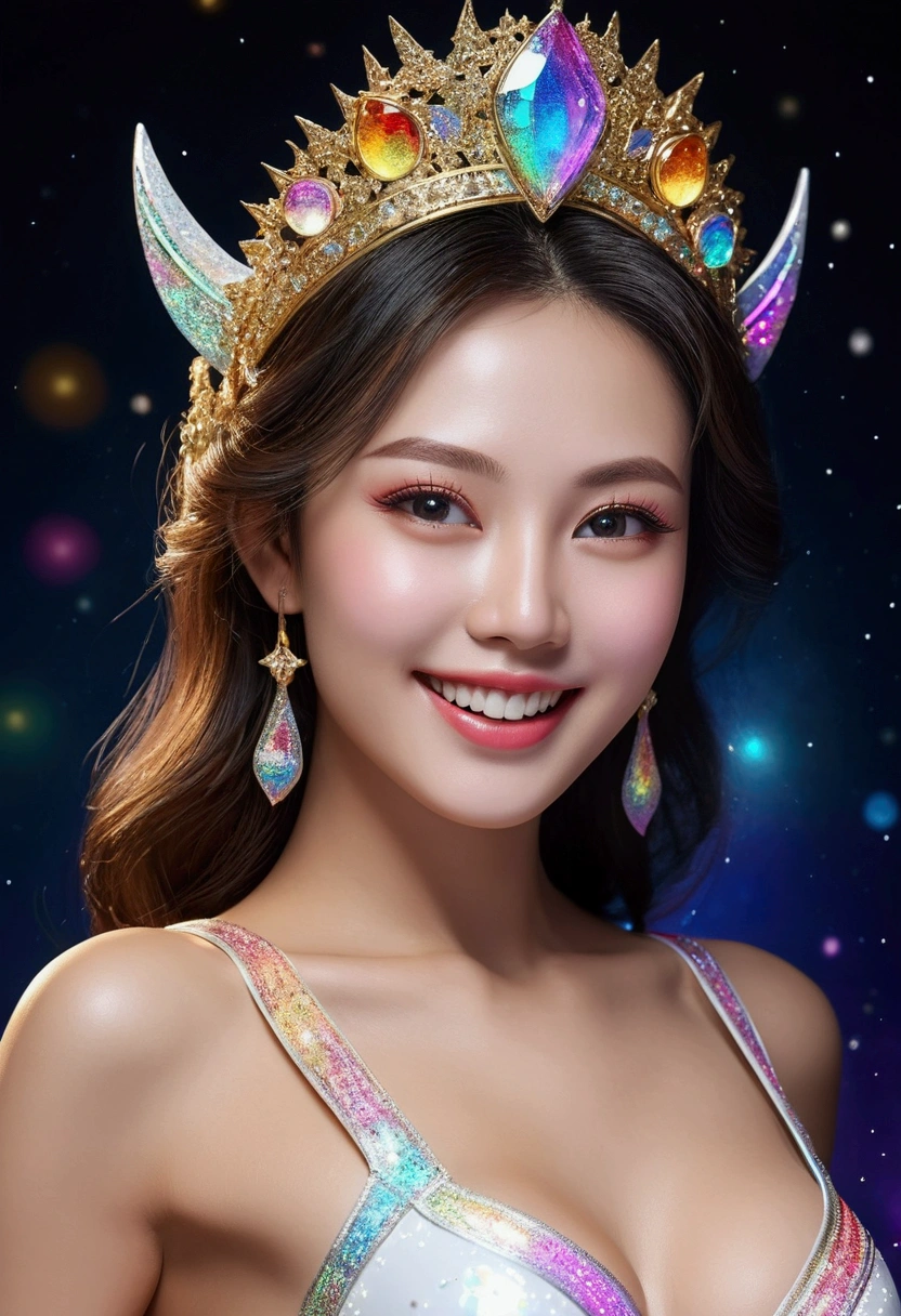 super realistic detailed face and the most beautiful eyes and realistic white teeth of a goddess of beauty, a super beautiful woman wearing a sexy white and iridescent tight dress, she wears colorful sparkling high heels, a masterpiece of a passionate beauty, she has a very charming smile, sexy figure, the work is like Chang'e on the moon standing on the rainbow, realistic, focusing on the sexy body in detail, super sharp, super portrait, best quality, UHD, 18K