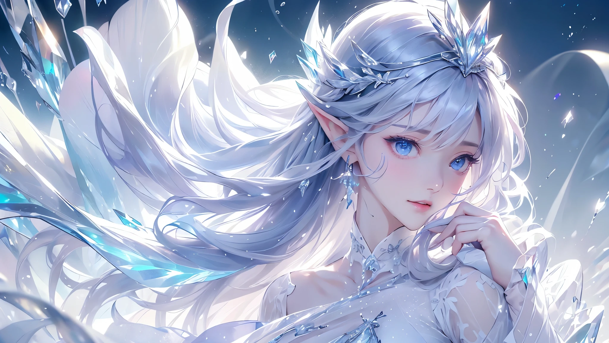 (masterpiece、Highest品質、Highest、Official Art、beautifully、aesthetic、exposed for a long time:1.2)、Smooth movement、Attractive patterns、One Girl、(Long dress with sleeves:1.3)、(((White clothes)))、Upper Body close-up、Expose your shoulders、Korean Girls、smile、Light purple long hair、Portraiture、alone、Upper Body、Looking at the observer、Detailed Background、Detailed face、(Crystallized AI、Crystal Theme:1.1)、Elemental Wind Elf、回転Wind、 Wind、White crystal clothes、Dynamic pose、Suspended particles、Aether Dynamics、旋Wind、vapor、背景に旋Wind、White Tone、旋Wind、Ethereal atmosphere、