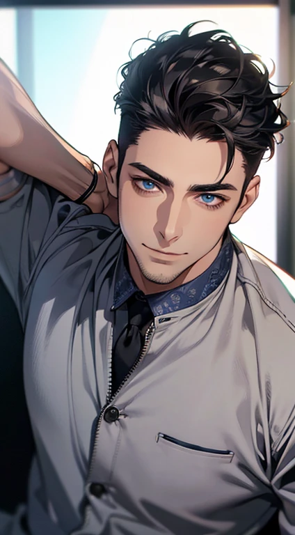 (best quality,4k,8k,highres,masterpiece:1.2),ultra-detailed,(realistic,photorealistic,photo-realistic:1.37),1 man,31 years old,mature man,very handsome,without expression,smile,short grey black hair,blue eyes,penetrating gaze,perfect face without errors,imposing posture,businessman,office background,cinematic lighting,hdr image