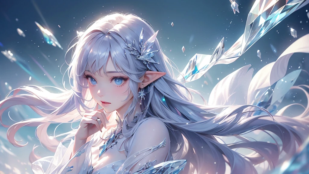 (masterpiece、Highest品質、Highest、Official Art、beautifully、aesthetic、exposed for a long time:1.2)、Smooth movement、Attractive patterns、One Girl、(Long dress with sleeves:1.3)、(((White clothes)))、Upper Body close-up、Expose your shoulders、Korean Girls、smile、Light purple long hair、Portraiture、alone、Upper Body、Looking at the observer、Detailed Background、Detailed face、(Crystallized AI、Crystal Theme:1.1)、Elemental Wind Elf、回転Wind、 Wind、White crystal clothes、Dynamic pose、Suspended particles、Aether Dynamics、旋Wind、vapor、背景に旋Wind、White Tone、旋Wind、Ethereal atmosphere、from front:1.4