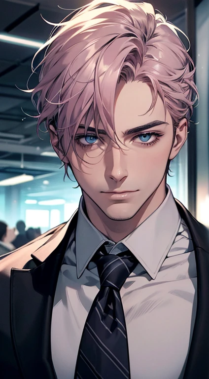 (best quality,4k,8k,highres,masterpiece:1.2),ultra-detailed,(realistic,photorealistic,photo-realistic:1.37),1 man,31 years old,mature man,very handsome,without expression,smile,short grey pink hair,blue eyes,penetrating gaze,perfect face without errors,imposing posture,businessman,office background,cinematic lighting,hdr image