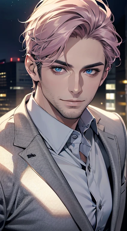 (best quality,4k,8k,highres,masterpiece:1.2),ultra-detailed,(realistic,photorealistic,photo-realistic:1.37),1 man,31 years old,mature man,very handsome,without expression,smile,short grey pink hair,blue eyes,penetrating gaze,perfect face without errors,imposing posture,businessman,office background,cinematic lighting,hdr image