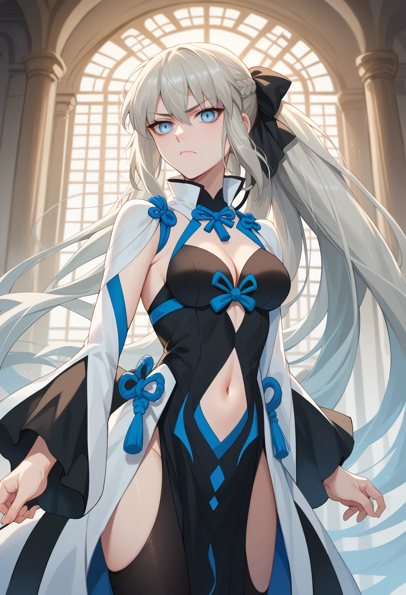 score_9, score_8_up, score_7_up, 1girl, solo, long hair, grey hair, blue eyes, very long hair, ponytail, black ribbon, hair ribbon, french braid, short dress, detached sleeves, cleavage, clothing cutout, detached collar, pelvic curtain, black thighsboots, standing, serious face, looking at you, inside a medival palace
