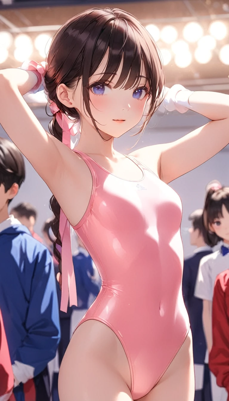 expensivequality illustration, masterpiece, Very delicate and beautiful, Attractive girl,(Gymnastics leotard,Tight leotard,length_Leotard with sleeves,expensive_Leg leotard,athletic leotard), Audience reaction,thin,Slender body,slim,expensive school,Gym,Gymnastics Club,Beautiful Eyes,(masterpiece, Highest quality:1.2), expensiveres, Very detailed CG ユニティ 8k 壁紙, Perfect lighting, colorful, ultra-expensive res,4K,Very detailed, photograph, 8k, High resolution, ,Cowboy Shot,
