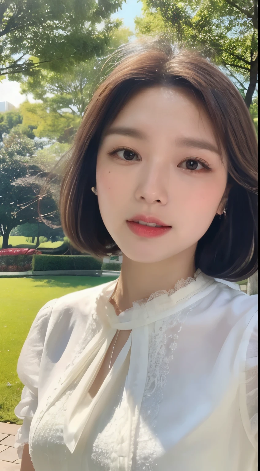 A cool and stylish white blouse,The location is a park,A cheerful and kind smile,