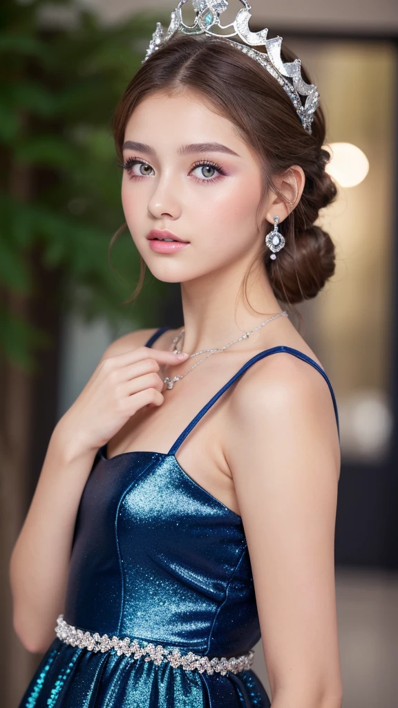 Teenage girl with white skin and green eyes with light brown hair, lips painted with gloss and natural eyeshadow with small sparkles, wearing a navy blue flared 15-year-old dress, a half bun hairstyle with curly hair and a silver queen crown and a heart necklace 