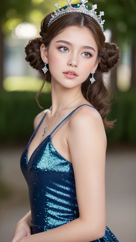 age girl with white skin and green eyes with light brown hair, lips painted with gloss and natural eyeshadow with small sparkles, wearing a navy blue flared 15-year-old dress, a half bun hairstyle with curly hair and a silver queen crown and a heart necklace
