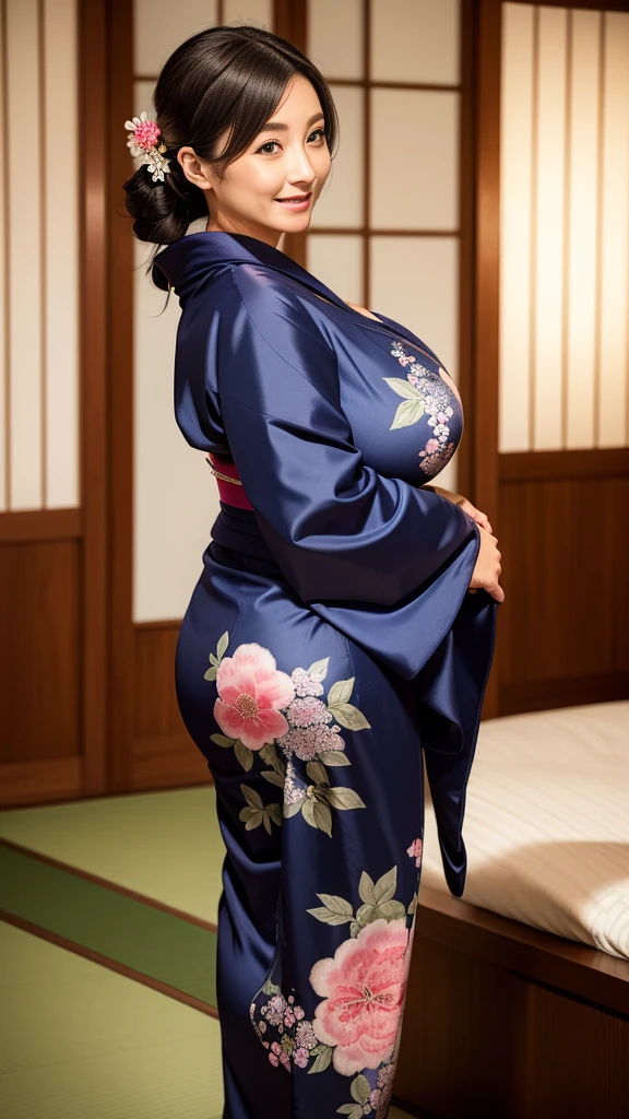 Mature attractive sexy woman,50 years old, ((kimono)),((Navy Blue))、(((kimono))),Shut,((Big Breasts:1.3)),(Facial wrinkles:1.3),light makeup,Light brown hair,Long Hair,(Full body photo:0.85),(Emphasize big buttocks),8k, RAW Photos, Highest quality, Laughter,masterpiece,Highest quality、A kind smile、Captivating Gaze、Random Hairstyles、Japanese-style room、Shoji Screen、lanthanum、