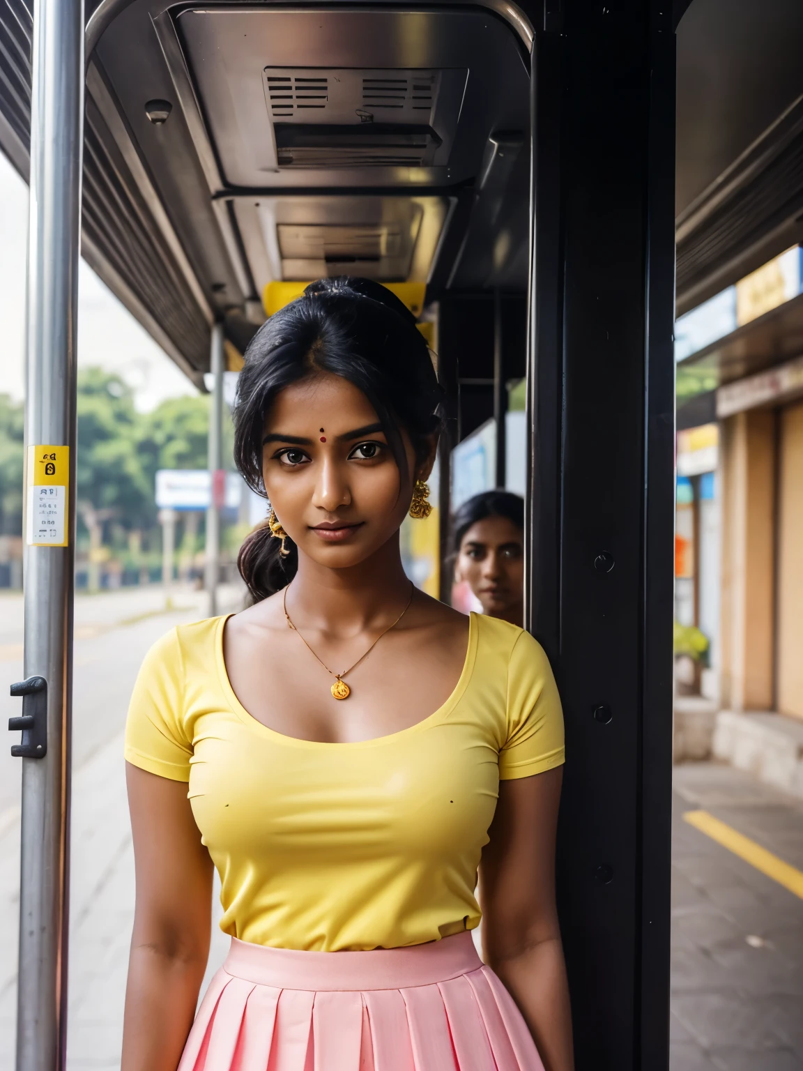 28 year old Tamil girl, standing in the bus stop, beautiful detailed face, eyes symmetry, face symmetry, glowing eyes, slight smirk:0.6, (tight yellow t-shirt), (dark pink long skirt), (black high heels), pony tail, shoulder bag, morning clear sky, morning sunrays scattered around the place, HSR, hyper realistic