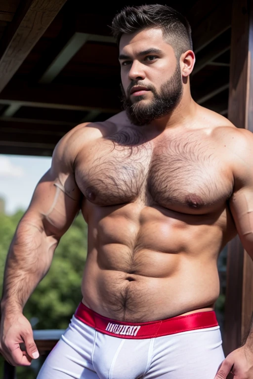 male, brunette, latino muscular, green eyes, Light skin, small beard, hunter eyes, latino in warm vibrant colors, tattoos, muscular, hairy body , 20 years old , a raised arm, brazos super muscular ,beefy fat , big super hairy body , chubby, Profile, Bear gay, chubby, male years, (((in tight white boxer ))), Red and Metallic Gold Avengers Logo Print Tank Top,above the house fashion cute pretty, gran nitidez, super nice , cuerpo completo claro, claridad, nitidez, ojos perfectos