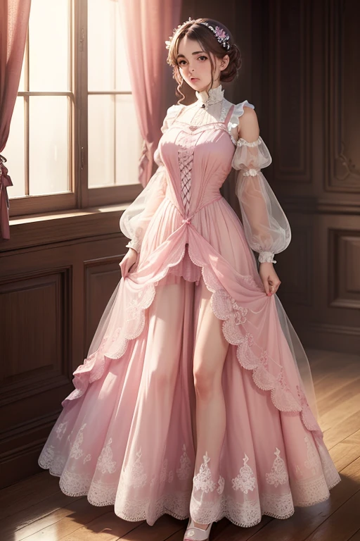 ((masterpiece)), (Highest quality), (Simple style), Pink sheer dress, Butterfly Heart, Pleated lace, edwardian lace dress.