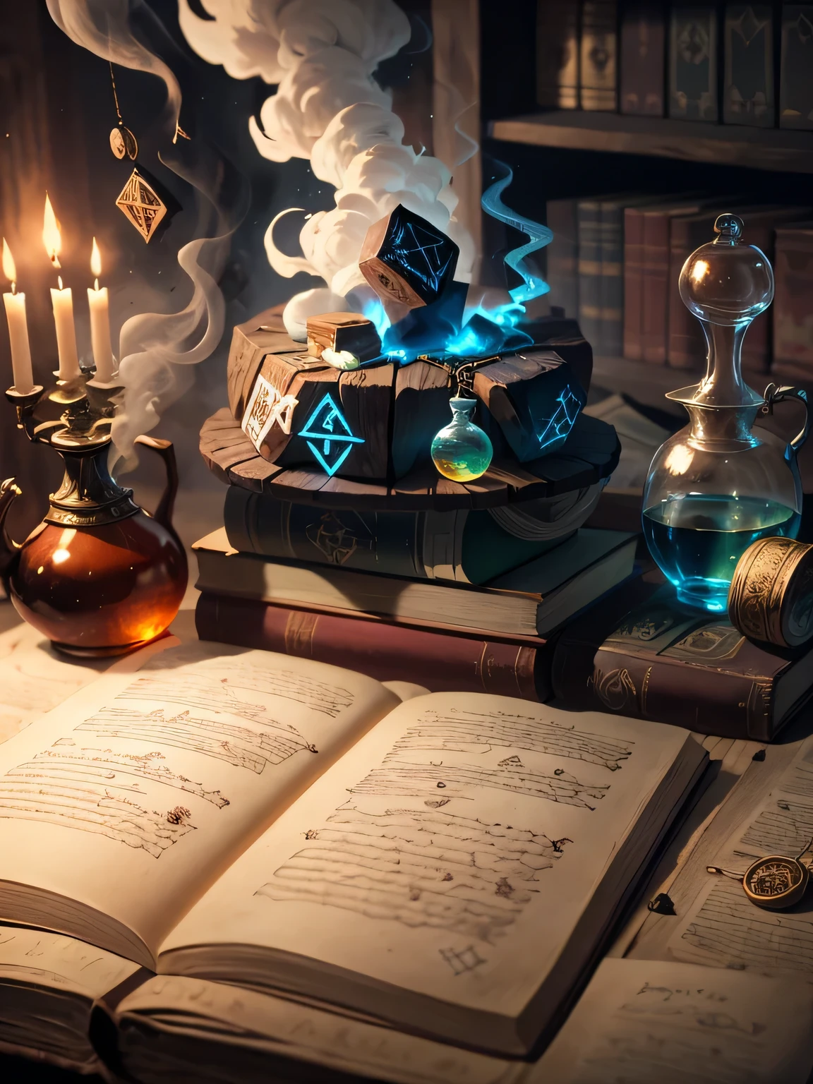 a medieval table, full of magical paraphernalia, potions, magical scrolls, (::runes), ::(::magical symbols), blue smoke