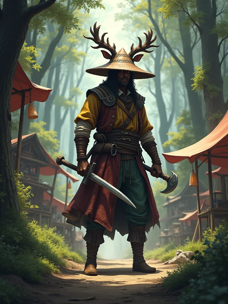 an image of a man with a sword in the woods, art station front page, very detailed animal hat, inspired by Vladimír Vašíček, the last wanderer of earth, merchant stands, realistically rendered clothing, rendered lighting, wielding a crowbar, game render, villager