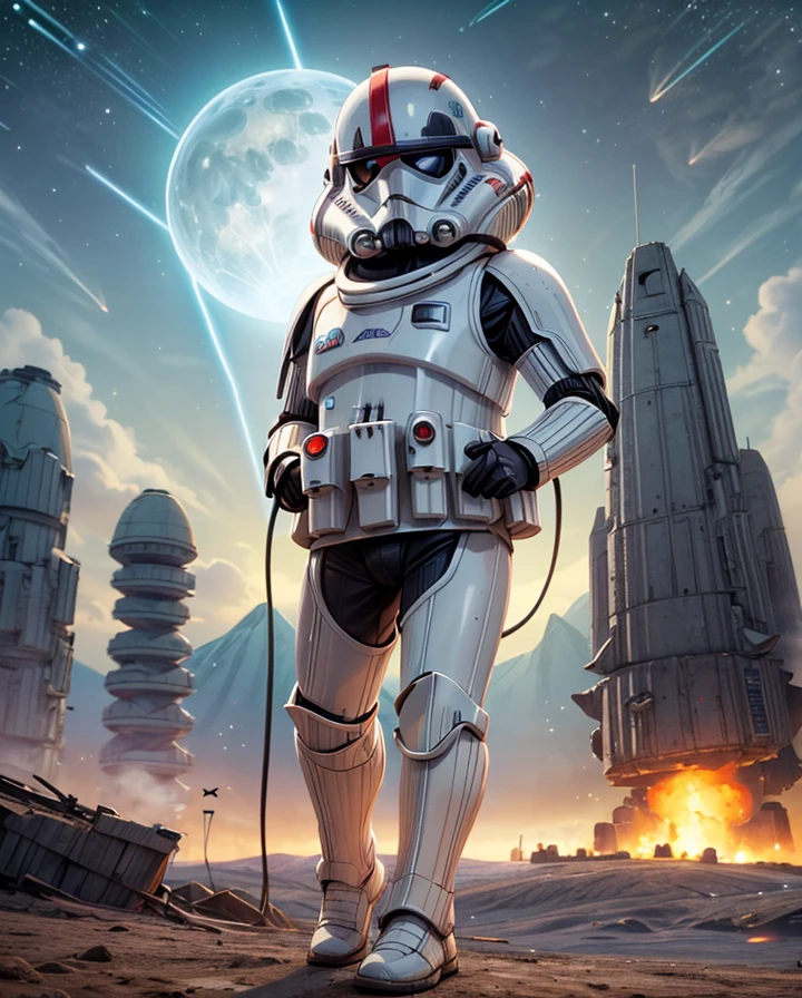 (best quality,highres:1.2),ultra-detailed,(realistic:1.37),portrait:1.1,Star Wars Stormtrooper,white armor,sharp focus,glistening helmet,precise details,menacing visage,battle-worn,heavy blaster rifle,imposing stature,eerie presence,galactic battle,ominous backdrop,dystopian ambiance,dramatic lighting,dark shadows,intense contrast,vivid colors,sci-fi genre-icon,set in the vastness of space,empire,imperial symbol,interstellar war,alien planets,deep space exploration,starships,otherworldly technology,intergalactic adventure,courageous rebels,determined heroes,epic battle scenes,hidden hope amidst chaos,iconic franchise,legendary saga,mythical realm,pop culture phenomenon, galaxy background,