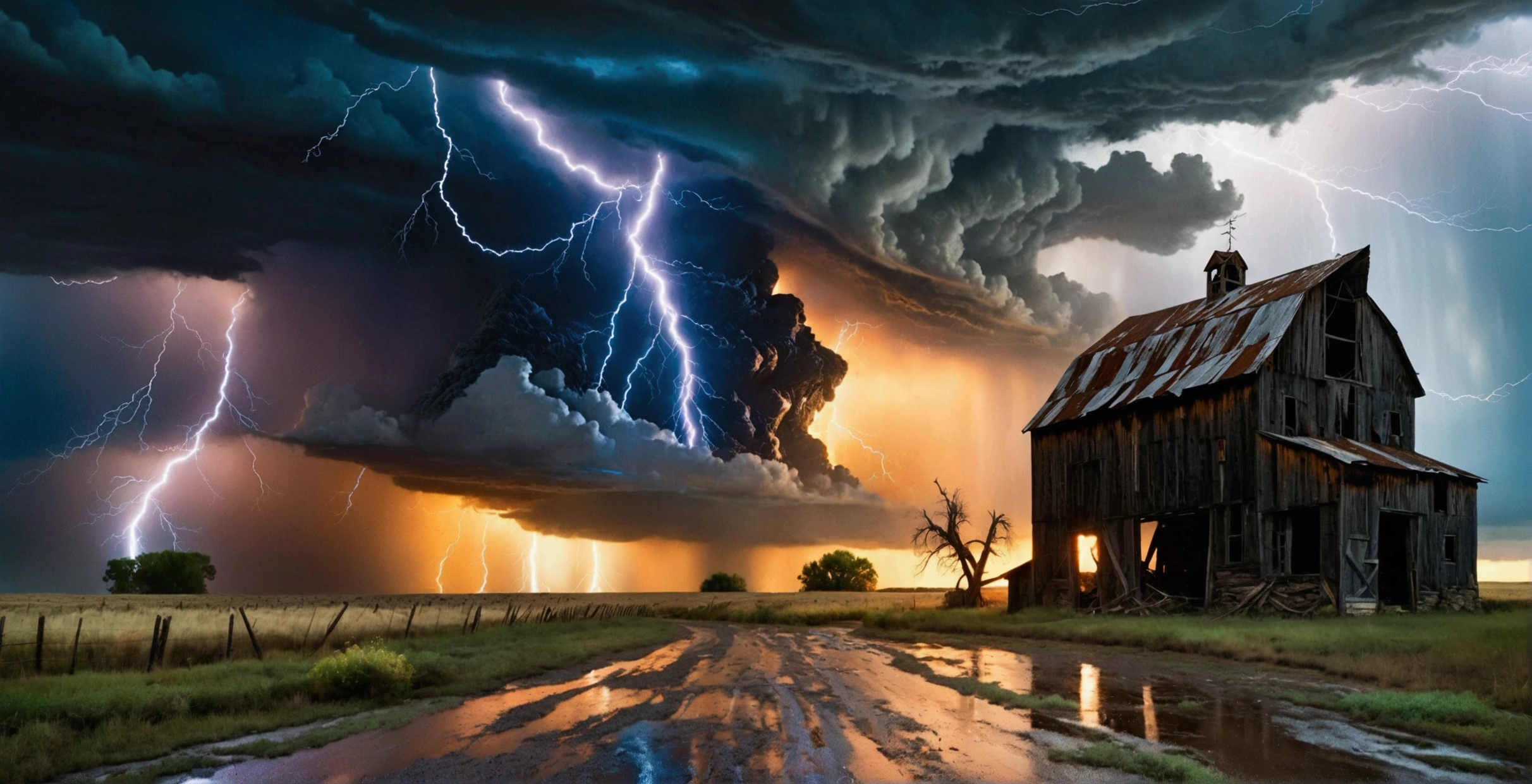 Imagine an unexpected catastrophic event. A wide open landscape with black storm clouds gathering overhead. The wind is howling, and lashing rain begins to fall. In the distance, a tree is hit by a bolt of lightning setting off a tiny fire, while leaves and debris swirl in the growing tempest. An old, abandoned barn stands resolute in the face of the oncoming storm, its once vibrant paint now faded and peeling. Puddles start to form on the ground, reflecting the chaotic scene overhead. The scene encapsulates the rawness and unpredictability of nature.