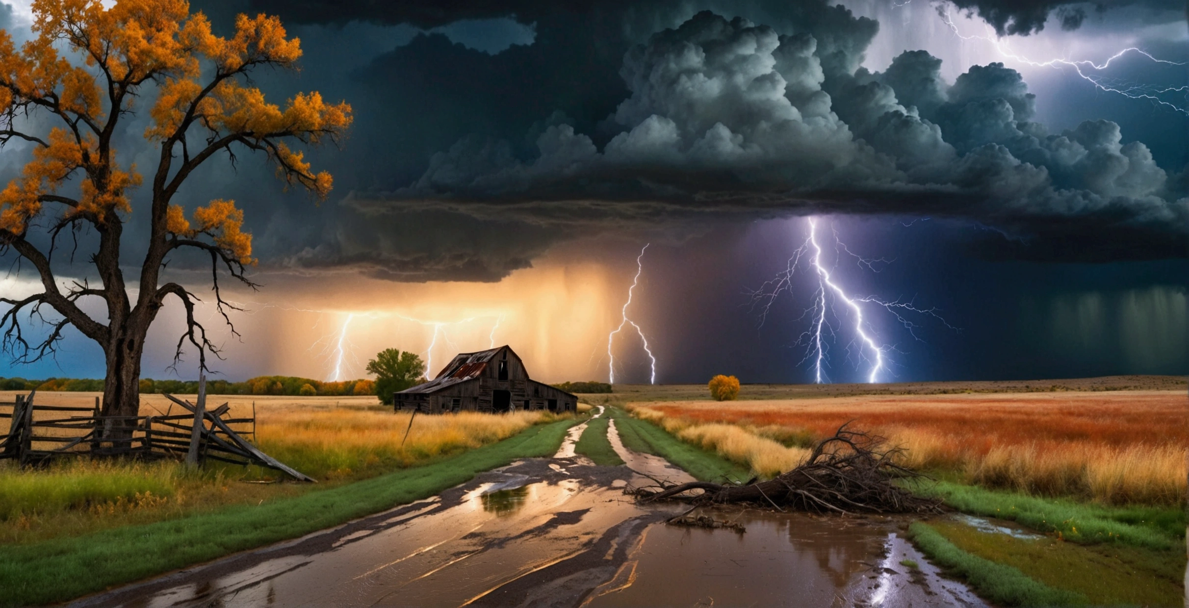 Imagine an unexpected catastrophic event. A wide open landscape with black storm clouds gathering overhead. The wind is howling, and lashing rain begins to fall. In the distance, a tree is hit by a bolt of lightning setting off a tiny fire, while leaves and debris swirl in the growing tempest. An old, abandoned barn stands resolute in the face of the oncoming storm, its once vibrant paint now faded and peeling. Puddles start to form on the ground, reflecting the chaotic scene overhead. The scene encapsulates the rawness and unpredictability of nature.