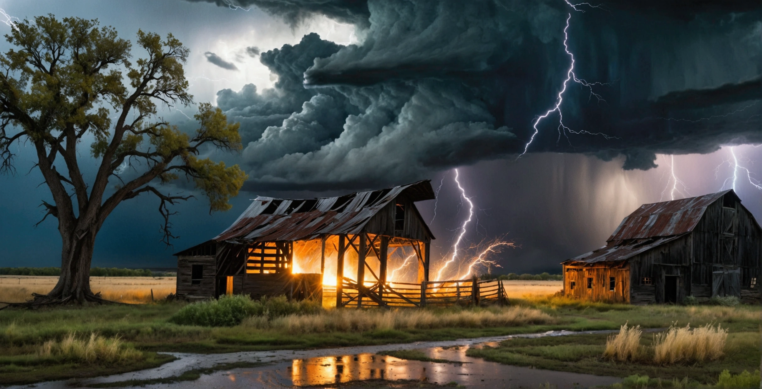 Imagine an unexpected catastrophic event. A wide open landscape with black storm clouds gathering overhead. The wind is howling, and lashing rain begins to fall. In the distance, a tree is hit by a bolt of lightning setting off a tiny fire, while leaves and debris swirl in the growing tempest. An old, abandoned barn stands resolute in the face of the oncoming storm, its once vibrant paint now faded and peeling. Puddles start to form on the ground, reflecting the chaotic scene overhead. The scene encapsulates the rawness and unpredictability of nature.