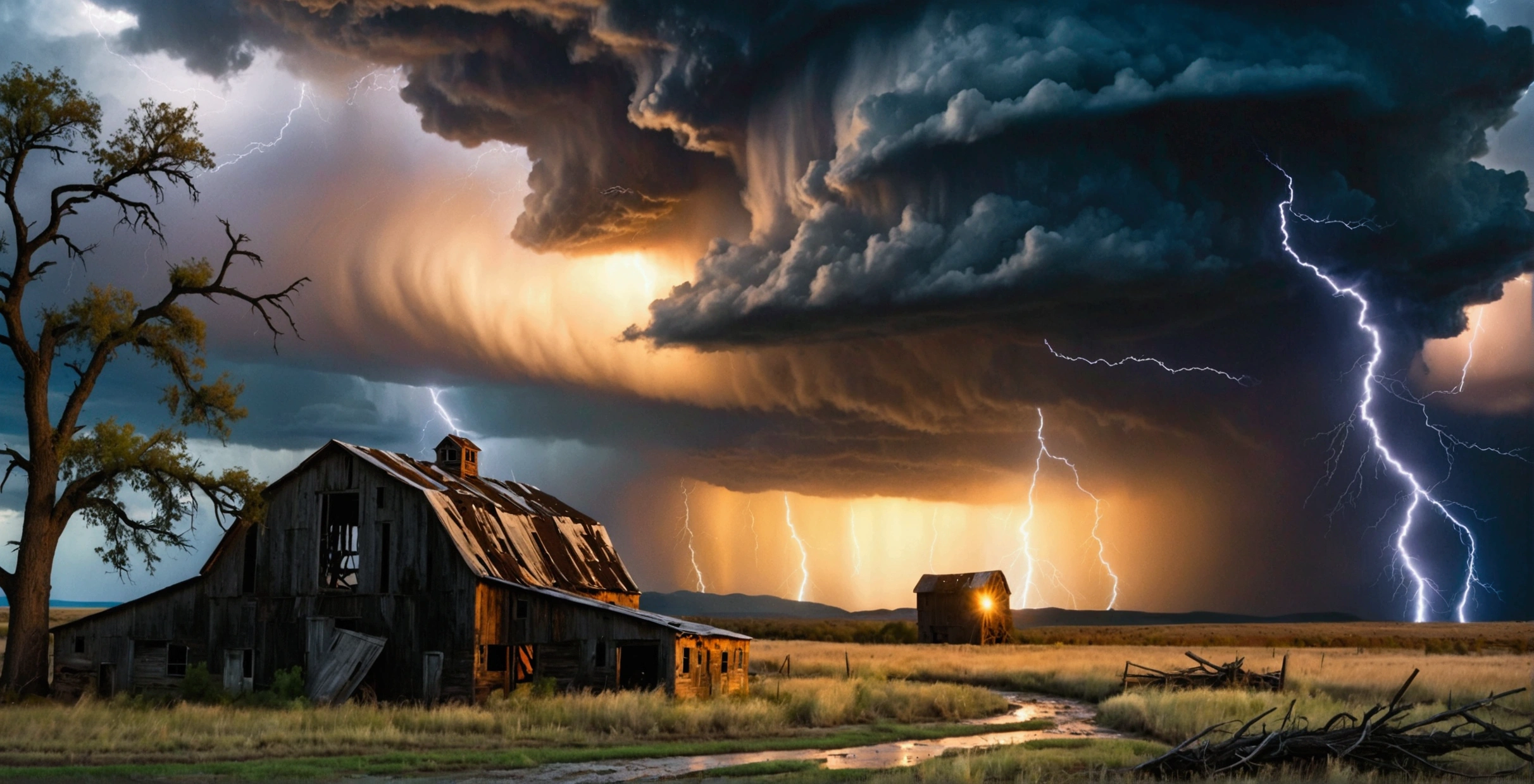 Imagine an unexpected catastrophic event. A wide open landscape with black storm clouds gathering overhead. The wind is howling, and lashing rain begins to fall. In the distance, a tree is hit by a bolt of lightning setting off a tiny fire, while leaves and debris swirl in the growing tempest. An old, abandoned barn stands resolute in the face of the oncoming storm, its once vibrant paint now faded and peeling. Puddles start to form on the ground, reflecting the chaotic scene overhead. The scene encapsulates the rawness and unpredictability of nature.