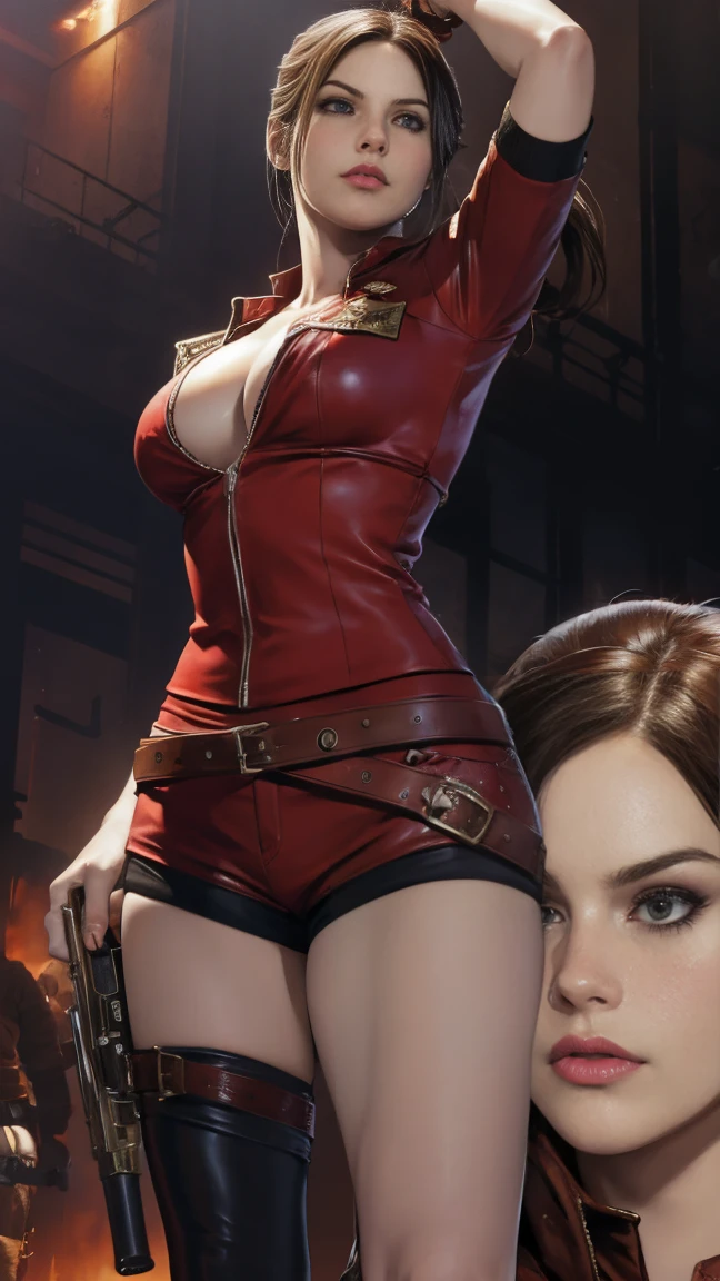 Art image of Olivia Munn as , extremely beautiful Claire Redfield , sexy red outfit , pistol in hand, long hair, large breasts, by Louis Royo, Boris Vallejo, Frank Frazetta, extreme focus, sharp details, sexy,  oily skin, sexy, naughty, dynamic pose, resident evil epic scene in the background 