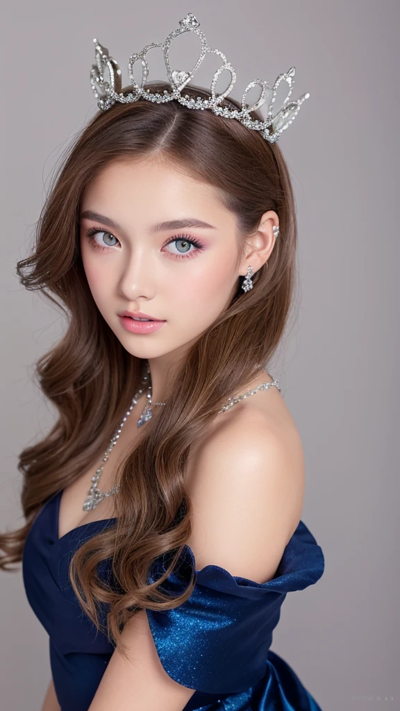 age girl with white skin and green eyes with light brown hair, lips painted with gloss and natural eyeshadow with small sparkles, wearing a navy blue flared 15-year-old dress, a half bun hairstyle with curly hair and a silver queen crown and a heart necklace and a bright pink background