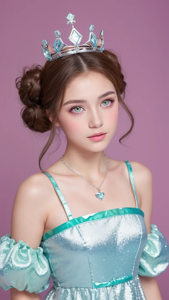 Teenage girl with white skin and green eyes with light brown hair, lips painted with gloss and natural eyeshadow with small sparkles, wearing a navy blue flared 15-year-old dress, a half bun hairstyle with curly hair and a silver queen crown and a heart necklace and a bright pink background
