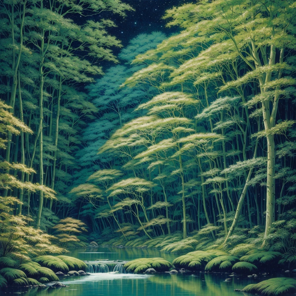 Painting of trees and a river in the forest, Ultra-detailed paintings by Yoshio Marukino, tumbler, Surrealism, firefly Night Forest, Night Forest, at night, Utopia Jungle in Space, soft light misty yoshitaka amano, shusei nagaoka, dense lush Night Forest, Carlos Schwabe, Swarm of fireflies