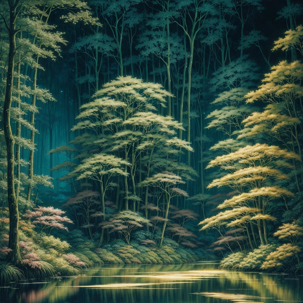 Painting of trees and a river in the forest, Ultra-detailed paintings by Yoshio Marukino, tumbler, Surrealism, firefly Night Forest, Night Forest, at night, Utopia Jungle in Space, soft light misty yoshitaka amano, shusei nagaoka, dense lush Night Forest, Carlos Schwabe, Swarm of fireflies