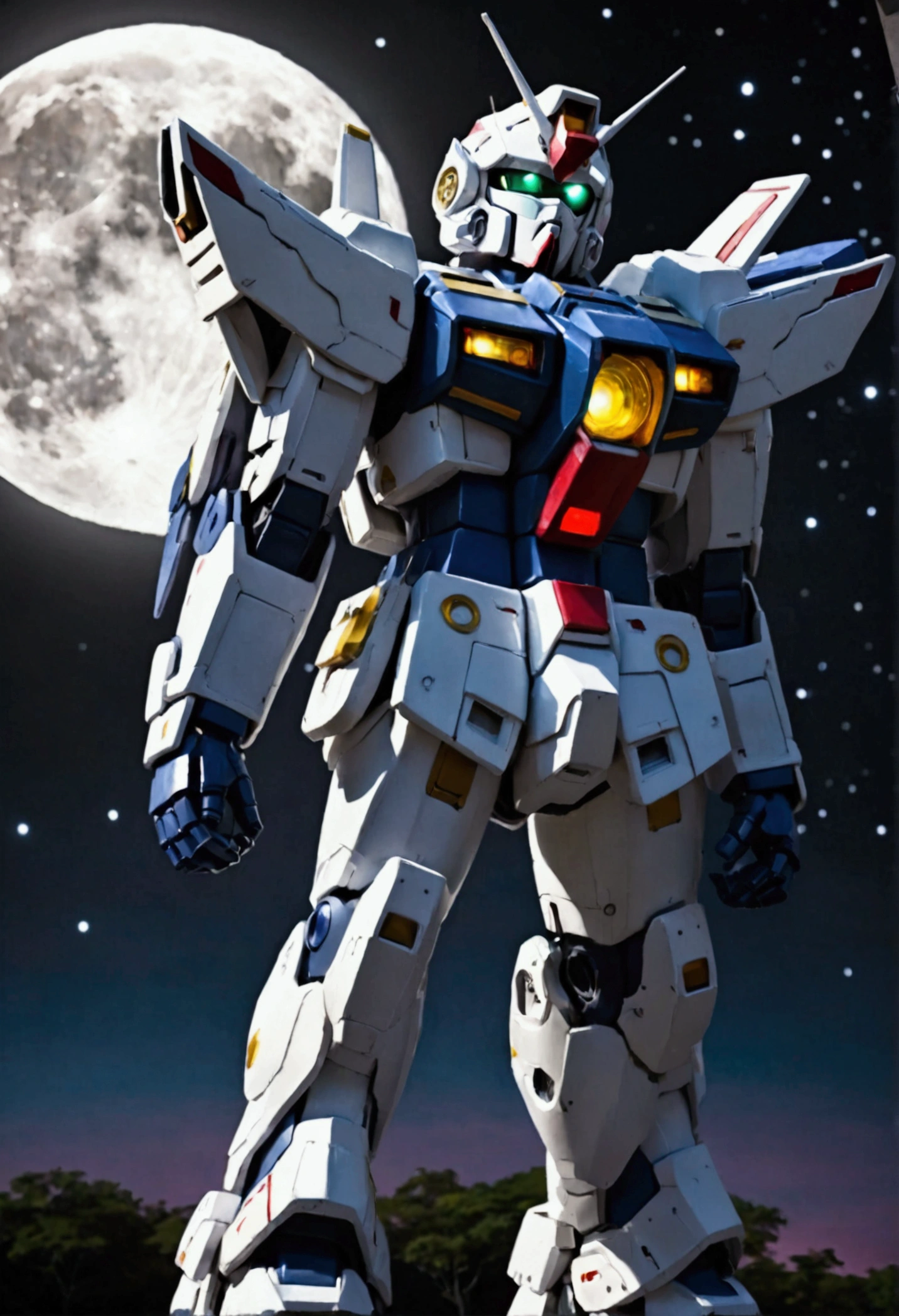 A pilot stands on the shoulder of his Gundam, praying in the moonlight, space scene, moonlit confession